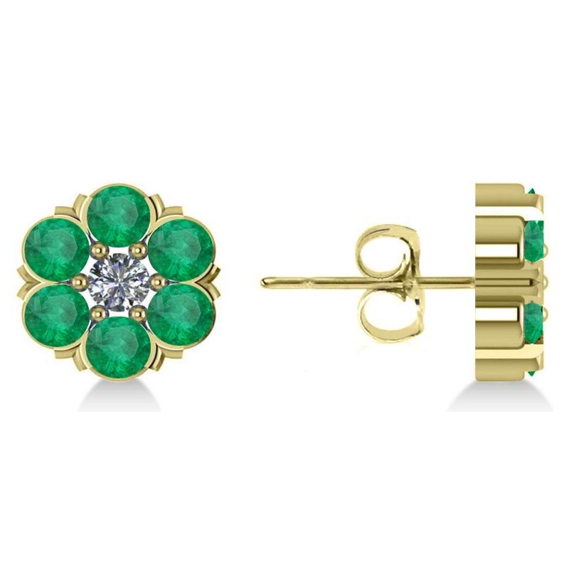 Emerald & Diamond Cluster Stud Earrings 14k Yellow Gold (2.10ct)