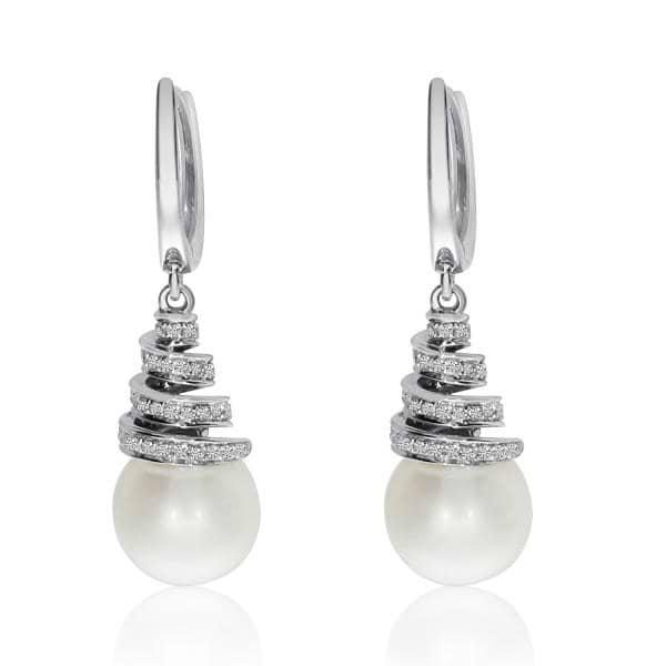 Diamond Accented Pearl Swirl Drop Earrings 14k White Gold 8mm (0.22ct)