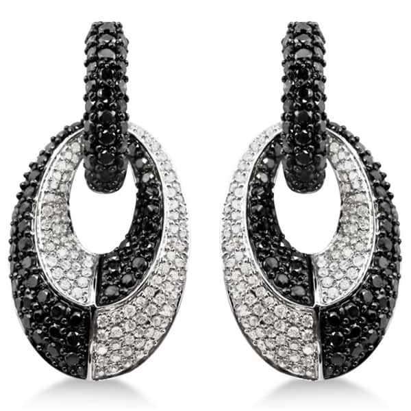 Black & White Diamond Dangling Oval Earrings 14k White Gold (4.50ct)