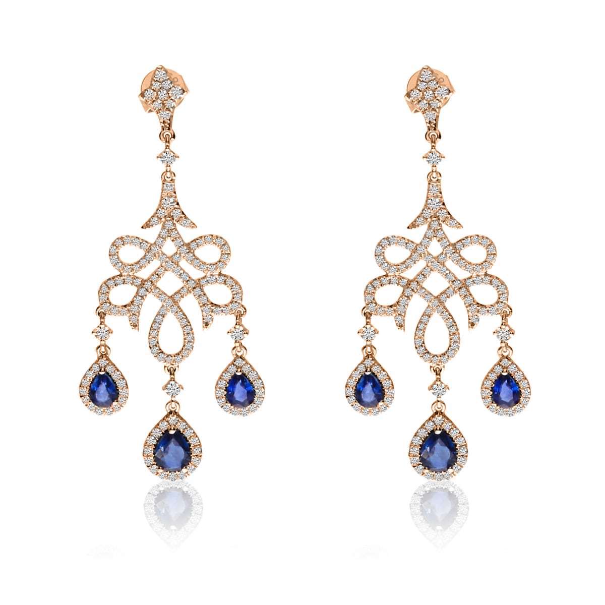 Blue Sapphire & Diamond Chandelier Earrings 14k Rose Gold (2.66ct)