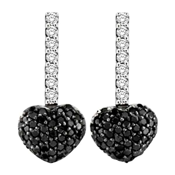 Black & White Diamond Puffed Heart Earrings in 14k White Gold (0.84 ctw)