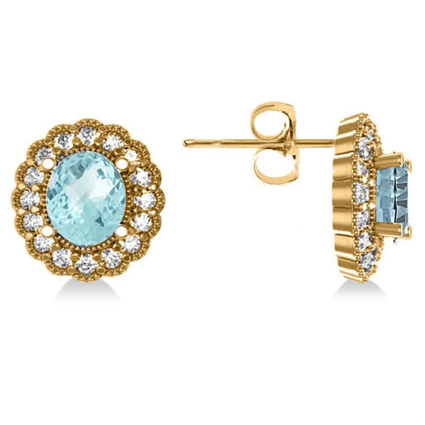 Aquamarine & Diamond Floral Oval Earrings 14k Yellow Gold (5.96ct)