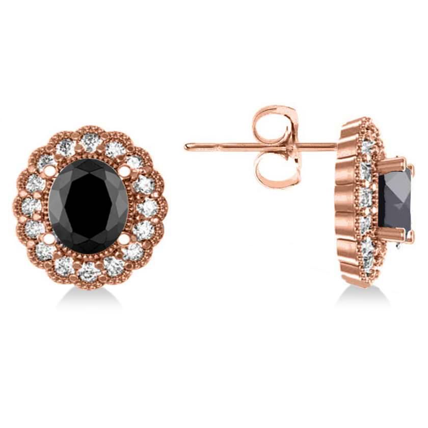 Black Diamond & Diamond Floral Oval Earrings 14k Rose Gold (4.68ct)