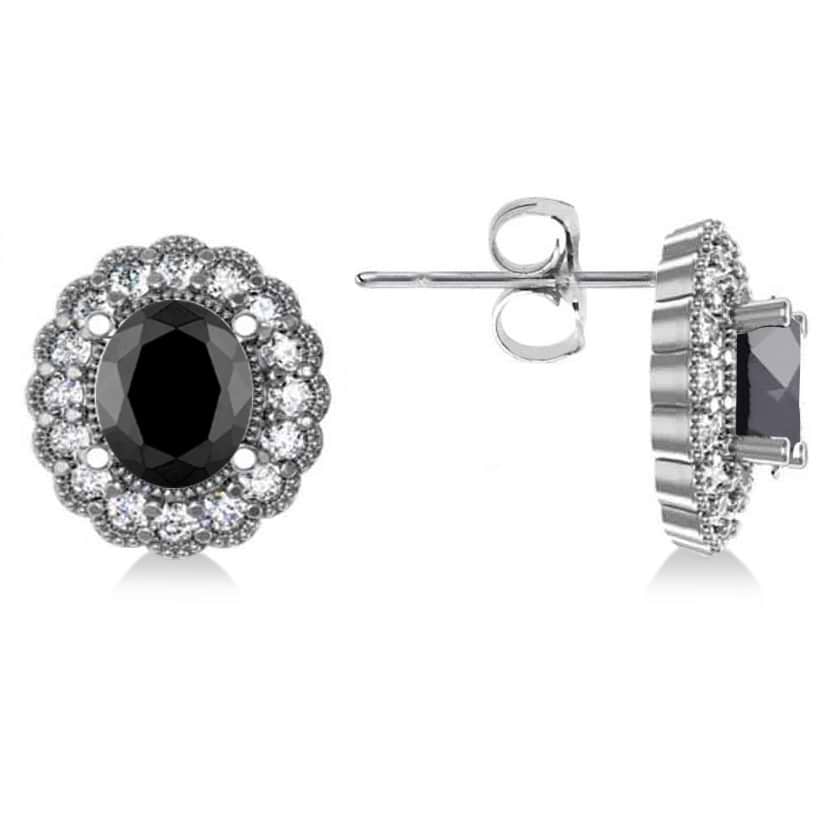 Black Diamond & Diamond Floral Oval Earrings 14k White Gold (4.68ct)