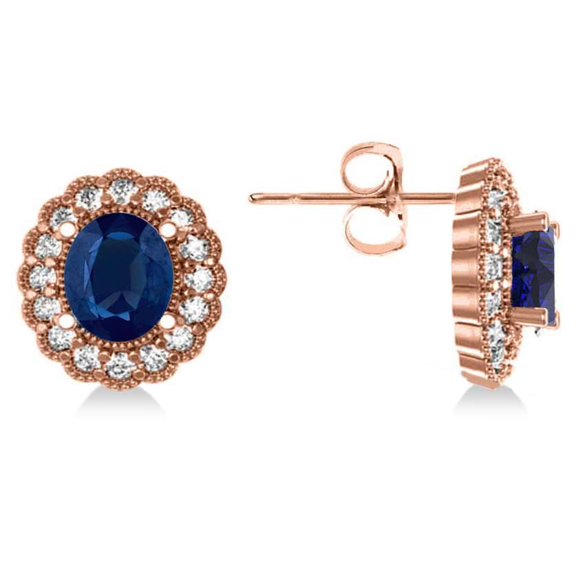 Blue Sapphire & Diamond Floral Oval Earrings 14k Rose Gold (5.96ct)