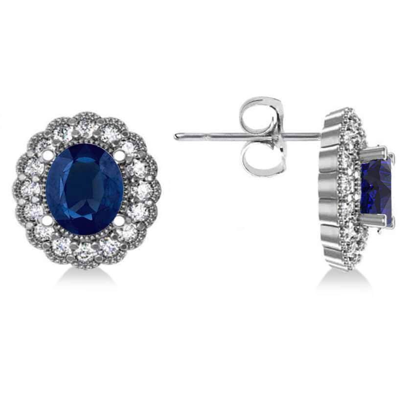 Blue Sapphire & Diamond Floral Oval Earrings 14k White Gold (5.96ct)