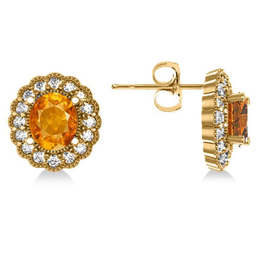 Citrine & Diamond Floral Oval Earrings 14k Yellow Gold (5.96ct)