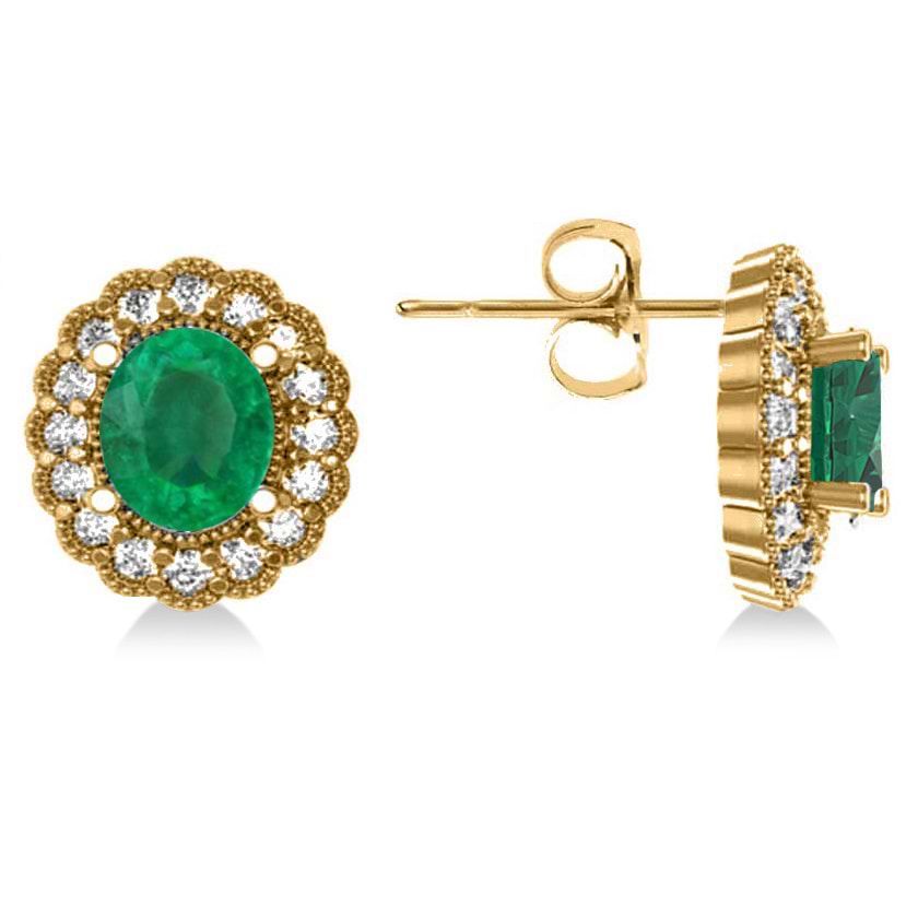 Emerald & Diamond Floral Oval Earrings 14k Yellow Gold (5.96ct)