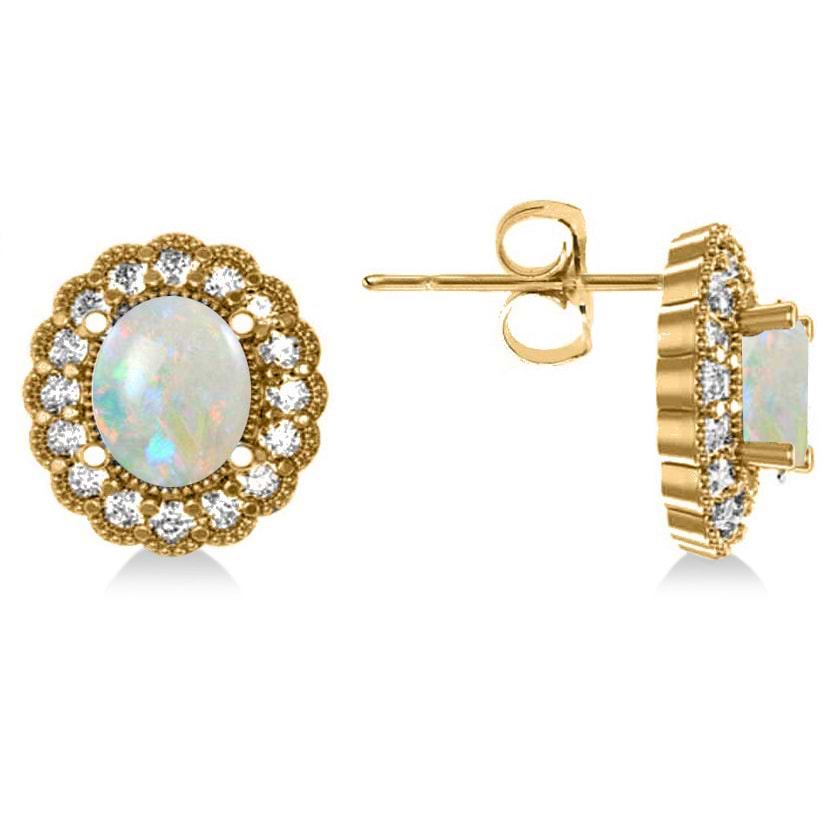 Opal & Diamond Floral Oval Earrings 14k Yellow Gold (5.96ct)