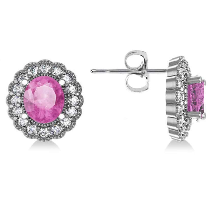 Pink Sapphire & Diamond Floral Oval Earrings 14k White Gold (5.96ct)