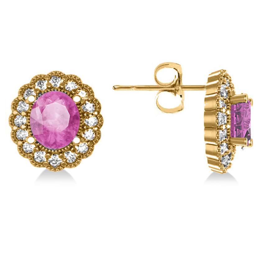 Pink Sapphire & Diamond Floral Oval Earrings 14k Yellow Gold (5.96ct)