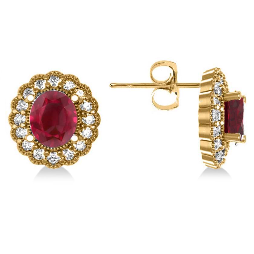 Ruby & Diamond Floral Oval Earrings 14k Yellow Gold (5.96ct)