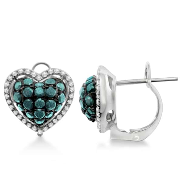 French Clip Blue Diamond Heart Shaped Earrings 14k White Gold (1.13ct)