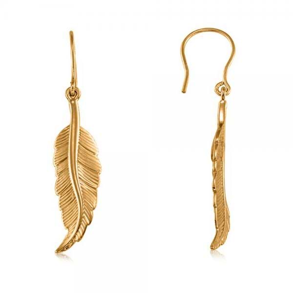 Dangling Feather Earrings in Plain Metal 14k Yellow Gold