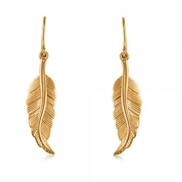 Dangling Feather Earrings in Plain Metal 14k Yellow Gold