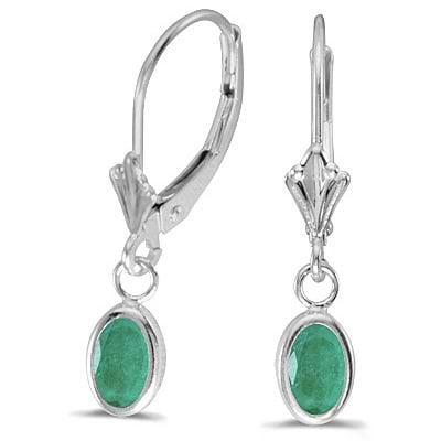 Oval Emerald Lever-back Drop Earrings in 14K White Gold (0.90ct)