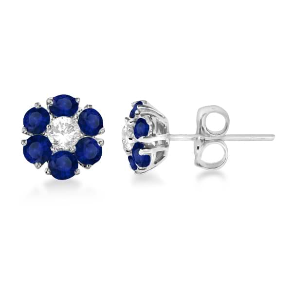 Diamond & Sapphire Flower Cluster Earrings 14K White Gold (1.91ctw)