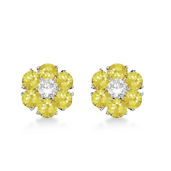 Yellow & White Diamond Flower Cluster Earrings 14K W Gold (1.20ct)