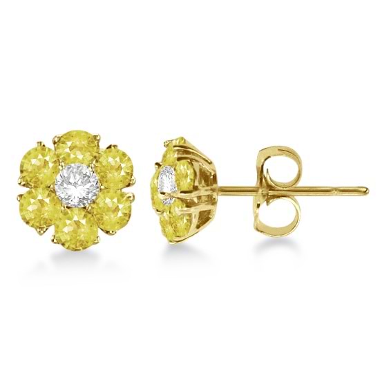 Yellow & White Diamond Flower Cluster Earrings 14K Y Gold (1.20ct)