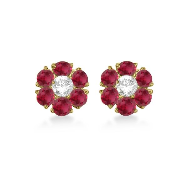 Diamond and Ruby Flower Cluster Earrings in 14K Yellow Gold (1.67ctw)