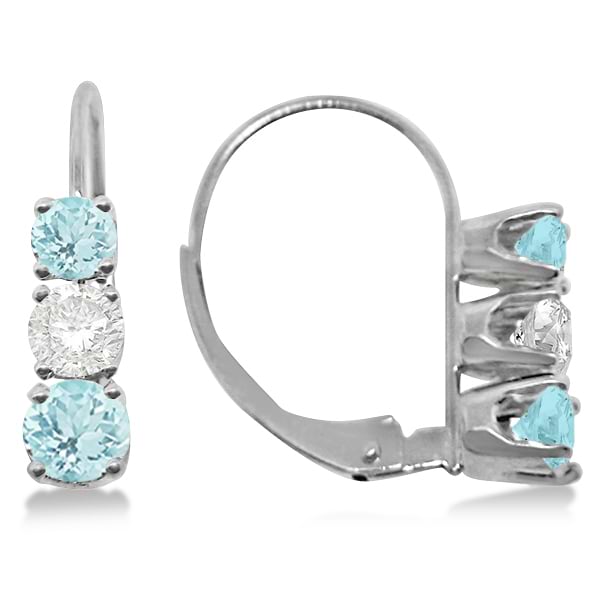 Three-Stone Leverback Diamond & Aquamarine Earrings 14k White Gold (1.00ct)