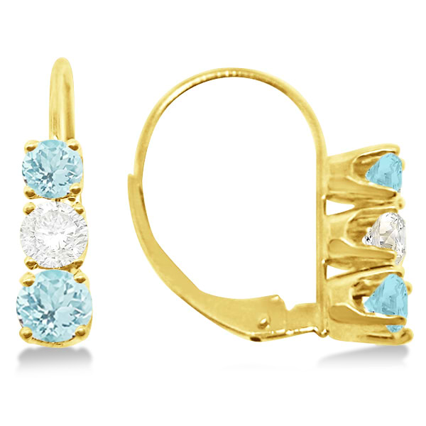 Three-Stone Leverback Diamond & Aquamarine Earrings 14k Yellow Gold (1.00ct)