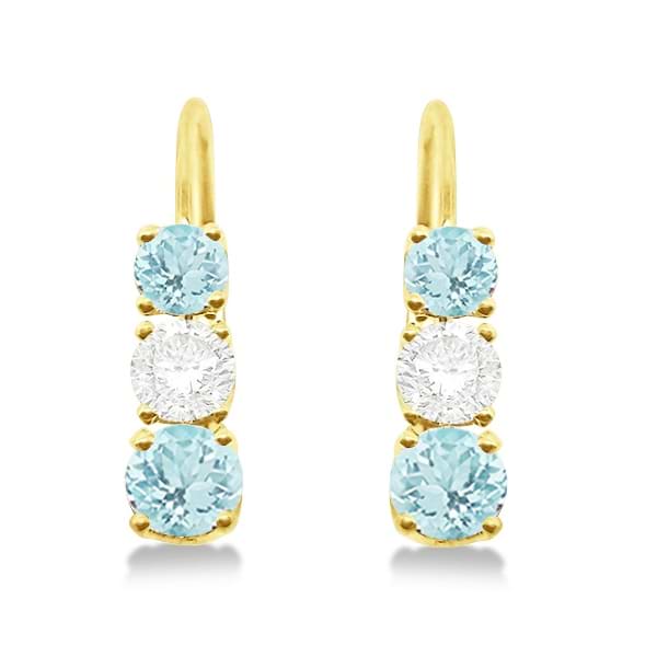 Three-Stone Leverback Diamond & Aquamarine Earrings 14k Yellow Gold (1.00ct)