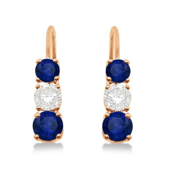 Three-Stone Leverback Diamond & Blue Sapphire Earrings 14k Rose Gold (1.00ct)