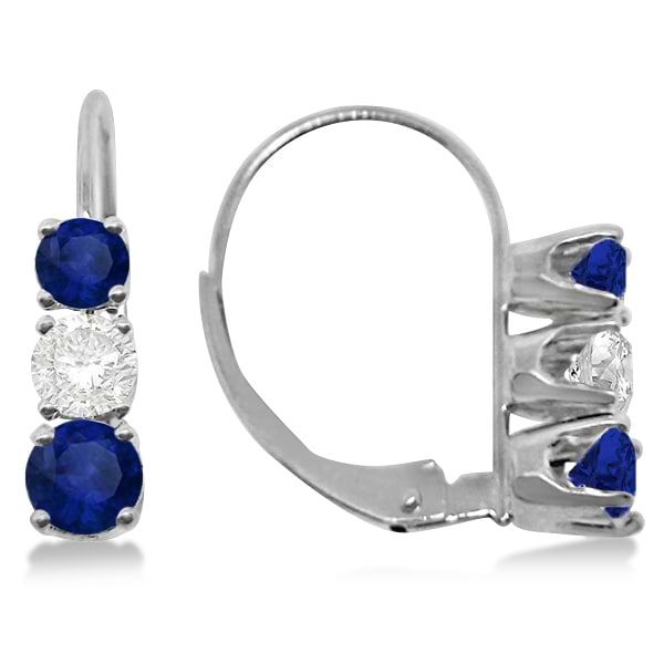 Three-Stone Leverback Diamond & Blue Sapphire Earrings 14k White Gold (1.00ct)