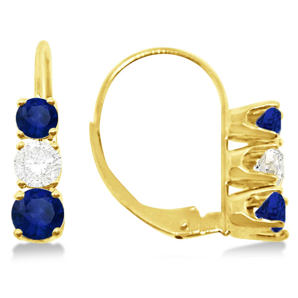 Three-Stone Leverback Diamond & Blue Sapphire Earrings 14k Yellow Gold (1.00ct)