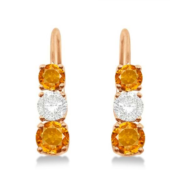 Three-Stone Leverback Diamond & Citrine Earrings 14k Rose Gold (1.00ct)