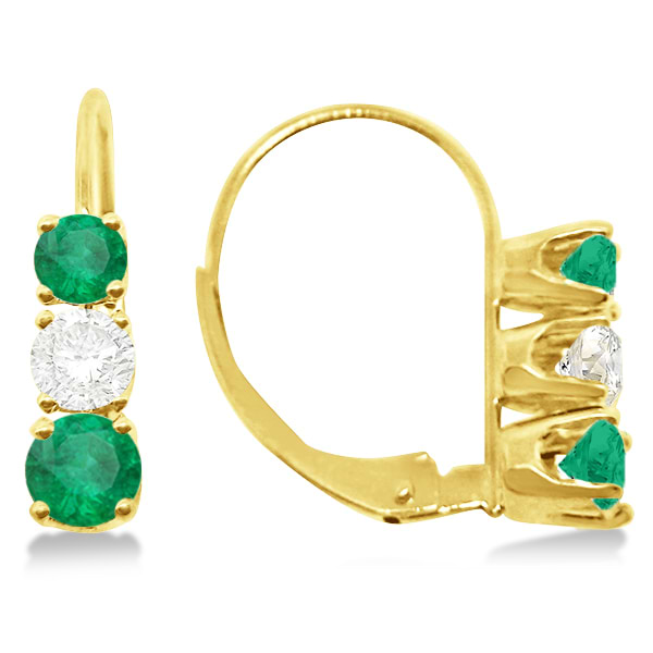 Three-Stone Leverback Diamond & Emerald Earrings 14k Yellow Gold (1.00ct)