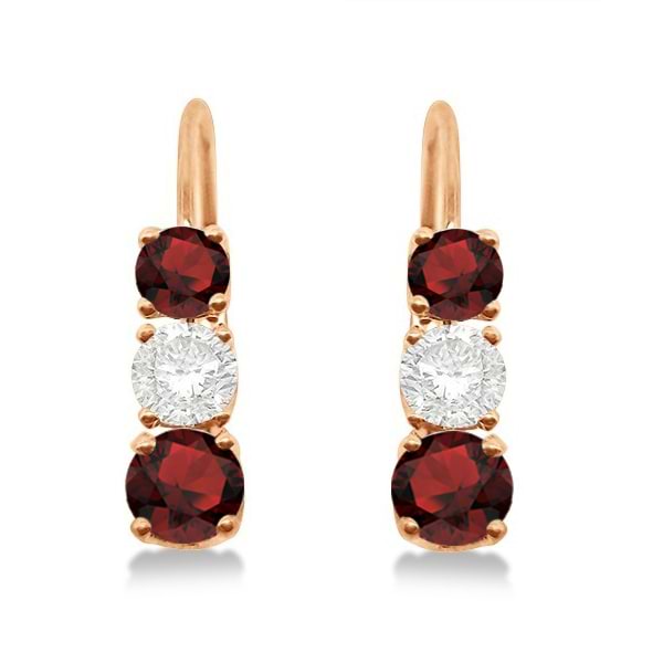 Three-Stone Leverback Diamond & Garnet Earrings 14k Rose Gold (1.00ct)