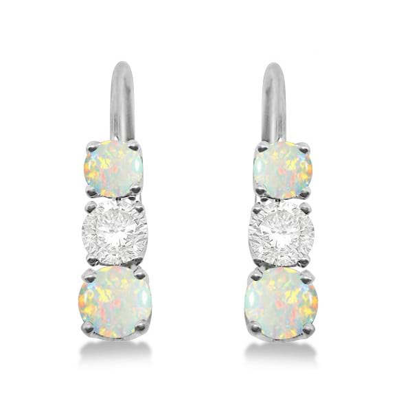 Three-Stone Leverback Diamond & Opal Earrings 14k White Gold (1.00ct)