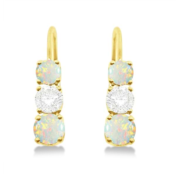 Three-Stone Leverback Diamond & Opal Earrings 14k Yellow Gold (1.00ct)