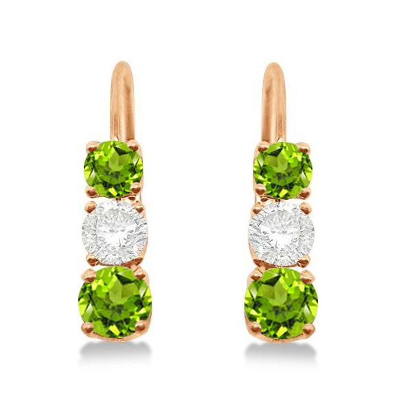 Three-Stone Leverback Diamond & Peridot Earrings 14k Rose Gold (1.00ct)