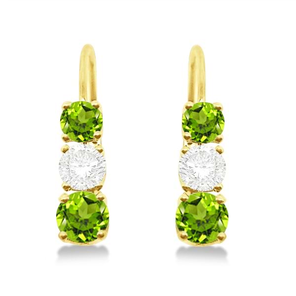 Three-Stone Leverback Diamond & Peridot Earrings 14k Yellow Gold (1.00ct)