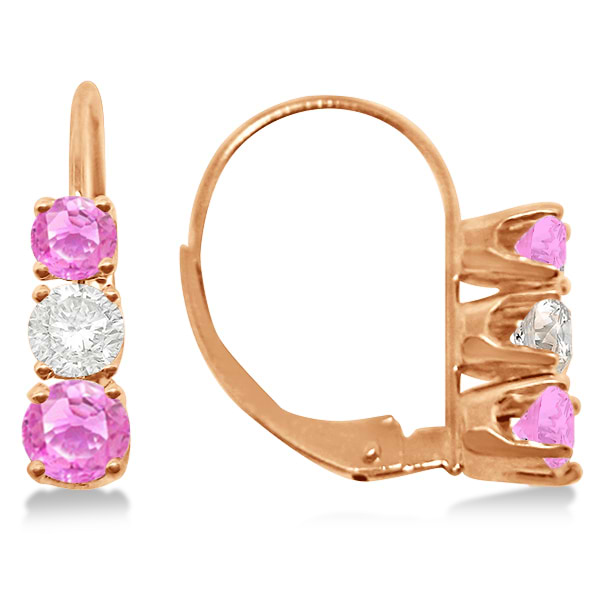 Three-Stone Leverback Diamond & Pink Sapphire Earrings 14k Rose Gold (1.00ct)
