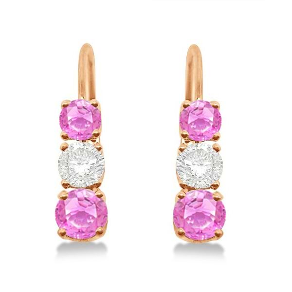 Three-Stone Leverback Diamond & Pink Sapphire Earrings 14k Rose Gold (1.00ct)