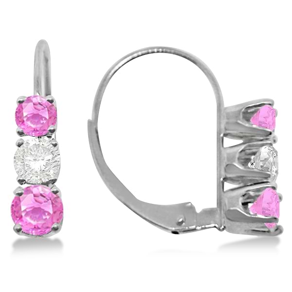 Three-Stone Leverback Diamond & Pink Sapphire Earrings 14k White Gold (1.00ct)