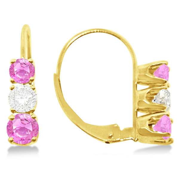 Three-Stone Leverback Diamond & Pink Sapphire Earrings 14k Yellow Gold (1.00ct)
