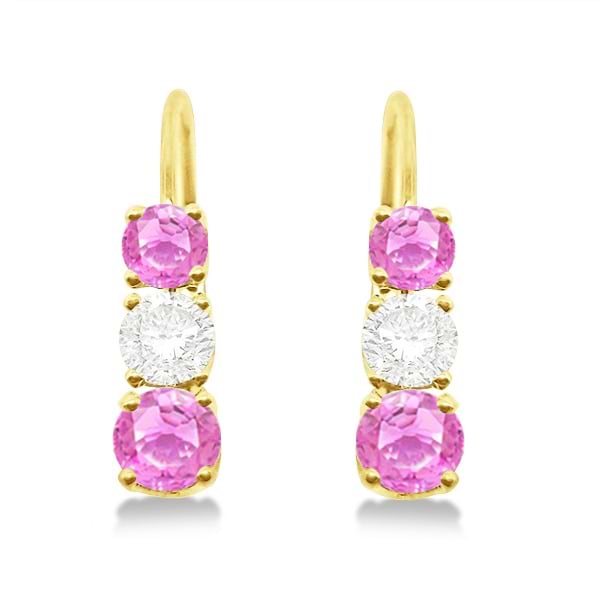 Three-Stone Leverback Diamond & Pink Sapphire Earrings 14k Yellow Gold (1.00ct)