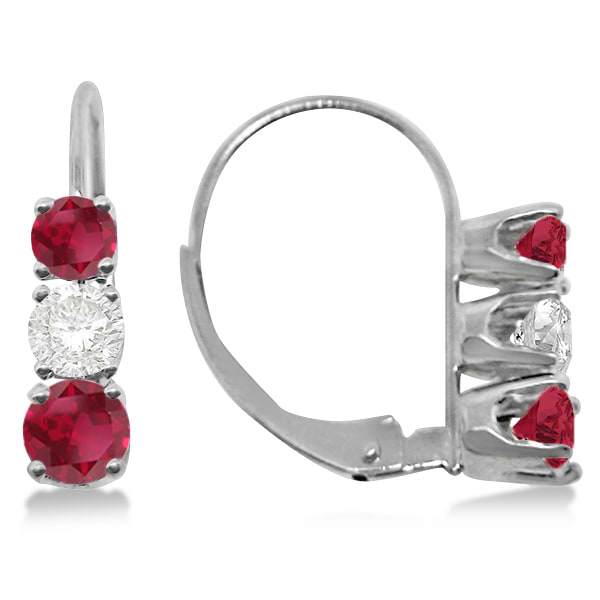 Three-Stone Leverback Diamond & Ruby Earrings 14k White Gold (1.00ct)