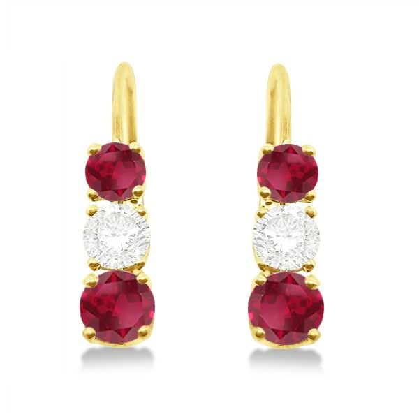 Three-Stone Leverback Diamond & Ruby Earrings 14k Yellow Gold (1.00ct)