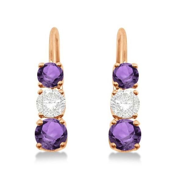 Three-Stone Leverback Diamond & Amethyst Earrings 14k Rose Gold (2.00ct)