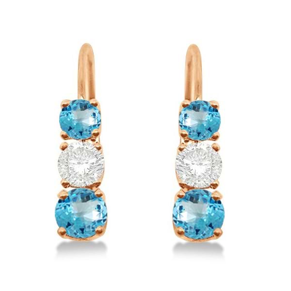 Three-Stone Leverback Diamond & Blue Topaz Earrings 14k Rose Gold (2.00ct)
