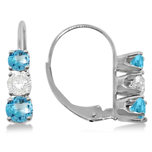Three-Stone Leverback Diamond & Blue Topaz Earrings 14k White Gold (2.00ct)