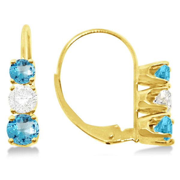Three-Stone Leverback Diamond & Blue Topaz Earrings 14k Yellow Gold (2.00ct)
