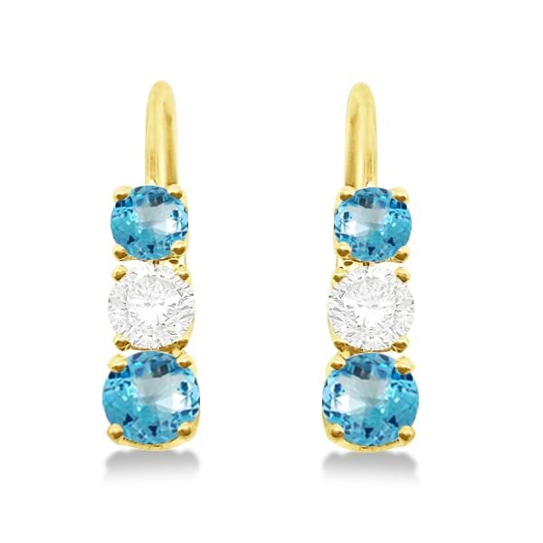 Three-Stone Leverback Diamond & Blue Topaz Earrings 14k Yellow Gold (2.00ct)