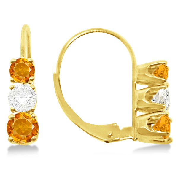 Three-Stone Leverback Diamond & Citrine Earrings 14k Yellow Gold (2.00ct)
